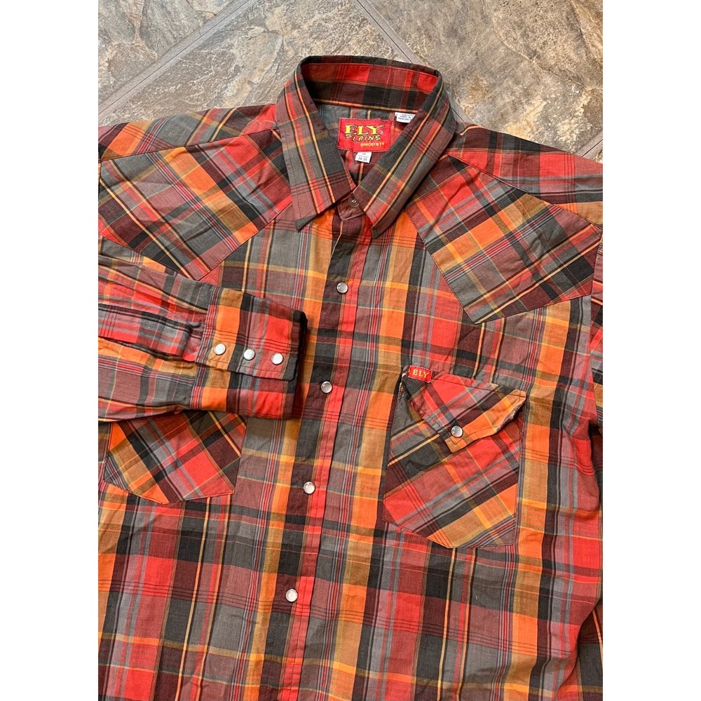 Ely Plains Western Shirt Men 16 34-35 Red Orange Plaid Pearl Snap Yoke